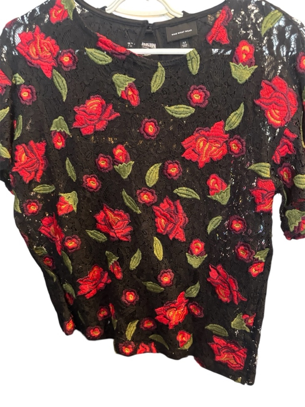 Women’s Black Lace Top with Red Rose Embroidery - Unknown Brand